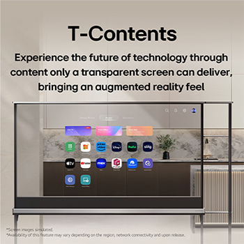 La SIGNATURE OLED T de LG et l’écran d’accueil LG webOS. Étant donné que la télé est en mode transparent, l’interface utilisateur semble flotter et se fondre à la réalité. La lecture des titres, les T-Contents, conçus pour des écrans transparents, conçus pour se fondre à la réalité.  