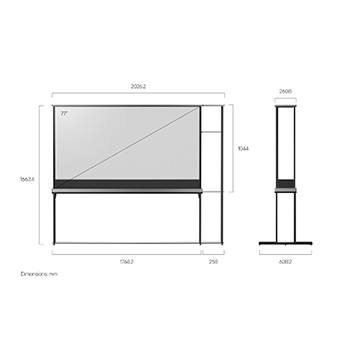 Vue avant de la SIGNATURE OLED T de LG avec une clayette modulaire qui y est connectée et une vue latérale de la SIGNATURE OLED T de LG montrant les dimensions.