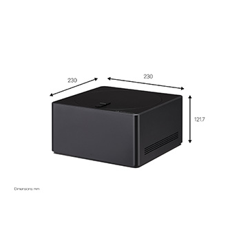 Vue latérale légèrement orientée vers la gauche du boîtier Zero Connect montrant les dimensions. 