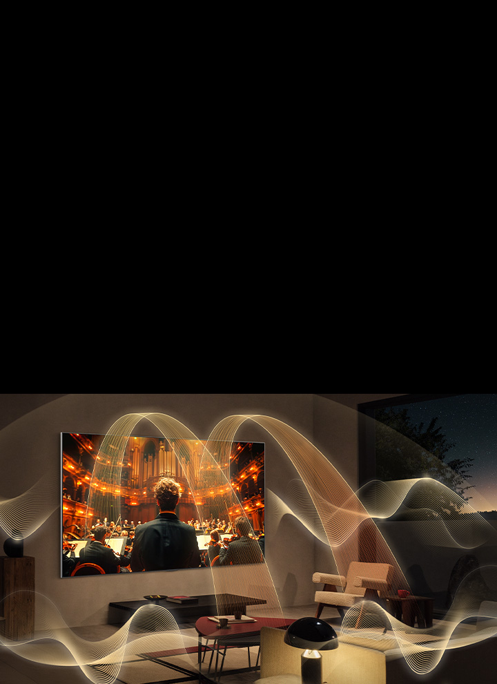 Salon avec un LG TV. Les représentations graphiques des ondes sonores remplissent tout l’espace, montrant la richesse du son ambiant des chaînes virtuelles 11.1.2. 