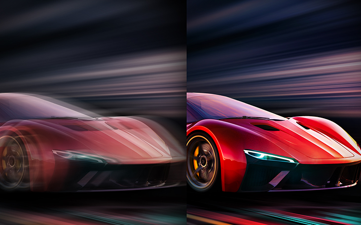 Comparaison côte à côte d’un jeu de voiture de course et de la différence de taux de rafraîchissement. D’une part, le taux de rafraîchissement est plus faible, ce qui se traduit par un flou de mouvement plus important. D’autre part, le taux de rafraîchissement est élevé et la voiture est parfaitement nette.