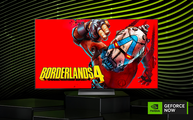 LG TV avec une affiche d’un jeu populaire sur son écran. Le logo NVIDIA GeForce NOW est visible.