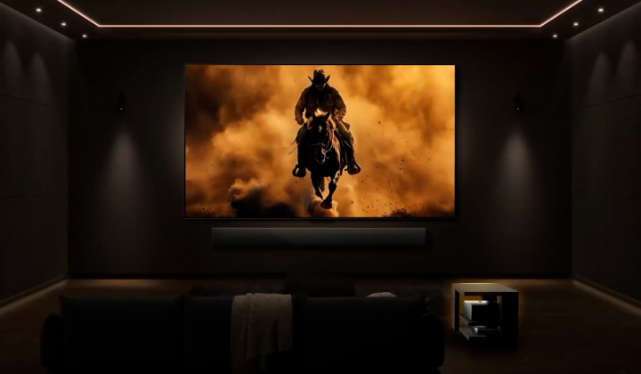 LG Wireless TV avec LG Soundbar dans un cinéma maison haut de gamme. Un film est diffusé à l’écran.