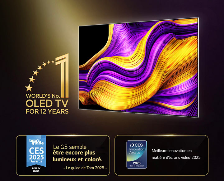 LG OLED TV avec l’emblème du premier OLED TV au monde depuis 12 ans. Les prix remportés sont également présentés. Avec le Guide de Tom CES Awards 2025, Best TV, le G5 semble être encore plus lumineux et coloré. 2025 CES Innovation Awards, 2025 Best of Innovation pour la catégorie des écrans vidéo.