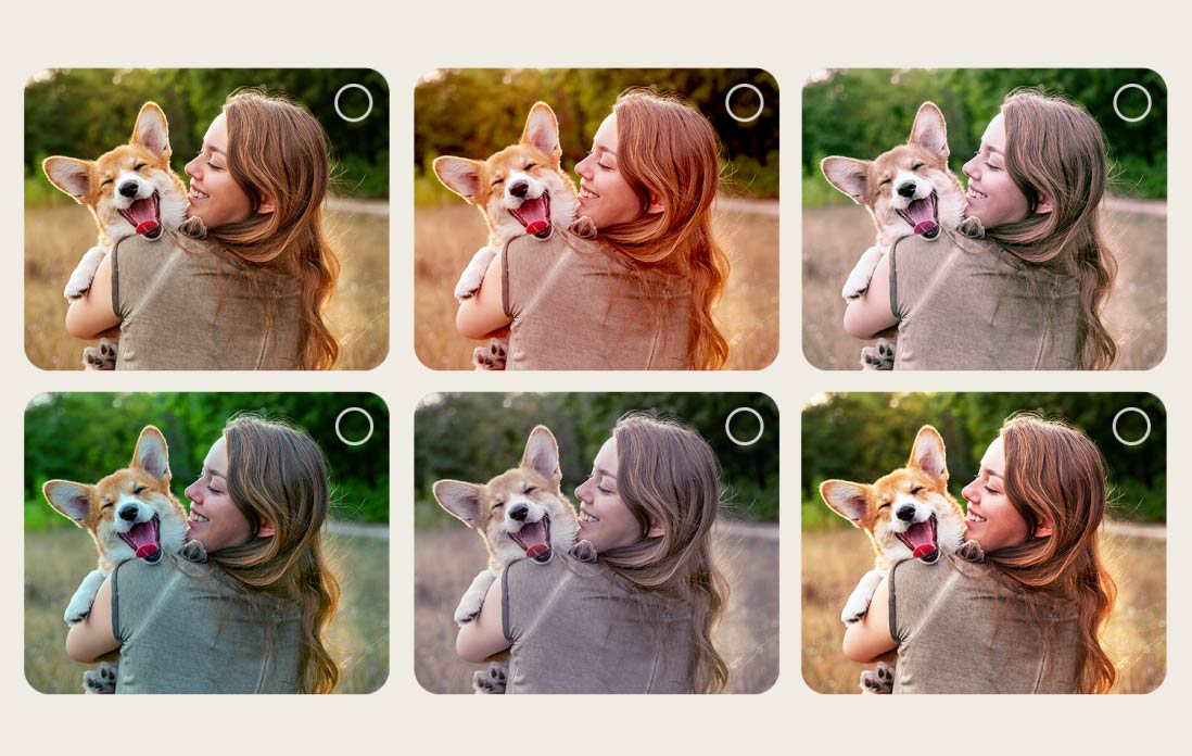 Écran d’un utilisateur passant par le processus de personnalisation de AI Picture Wizard. Une série d’images est affichée et les sélections de l’utilisateur sont mises en évidence. Une icône de chargement s’affiche et une image de paysage apparaît, améliorée de gauche à droite.