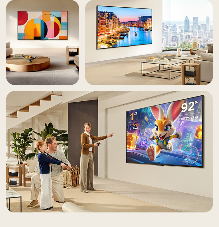 Ensemble de différents espaces de vie équipés d’un téléviseur QNED True Wireless de LG. Tous ces espaces sont visuellement nets et sans encombrement. Les écrans de télévision sont ornés de différentes œuvres d’art qui donnent à la télévision l’impression d’être une belle addition à l’espace. La Zero Connect Box et les autres périphériques sont placés sur une petite table d’appoint et passent à peine inaperçus.