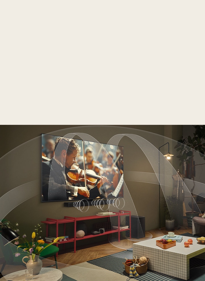 Salon équipé d’un LG OLED TV et LG Soundbar avec des graphiques représentant la façon dont les deux appareils remplissent l’espace avec un son environnement sonore multiple.