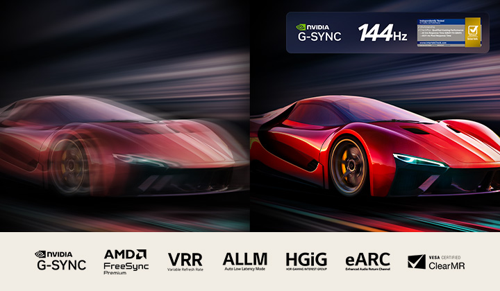 Deux images de voiture dans un jeu vidéo côte à côte. L’une d’entre elles présente un important effet de flou de mouvement. L’autre est nette et bien centrée, ce qui traduit la fréquence d’images élevée de LG OLED TV. Le logo Nvidia G-Sync et 165Hz et d’autres certifications pertinentes sont visibles. 
