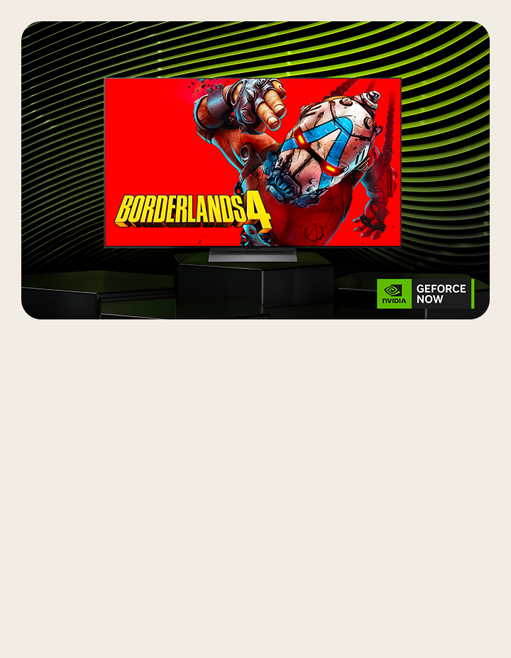 LG TV avec une affiche d’un jeu populaire sur son écran. Le logo NVIDIA GeForce NOW est visible.