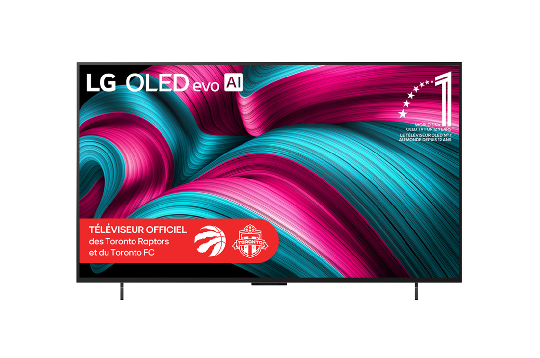 Vue avant du téléviseur Smart TV LG OLED evo AI C5 4K. L’emblème OLED 12 ans numéro 1 mondial et le logo LG OLED evo AI 2025 apparaissent sur l’écran.