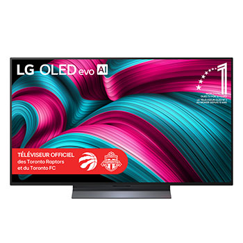 Vue avant du téléviseur Smart TV LG OLED evo AI C5 4K. L’emblème OLED 12 ans numéro 1 mondial et le logo LG OLED evo AI 2025 apparaissent sur l’écran.