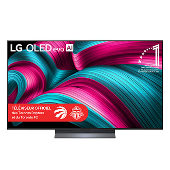 Vue avant du téléviseur Smart TV LG OLED evo AI C5 4K. L’emblème OLED 12 ans numéro 1 mondial et le logo LG OLED evo AI 2025 apparaissent sur l’écran.