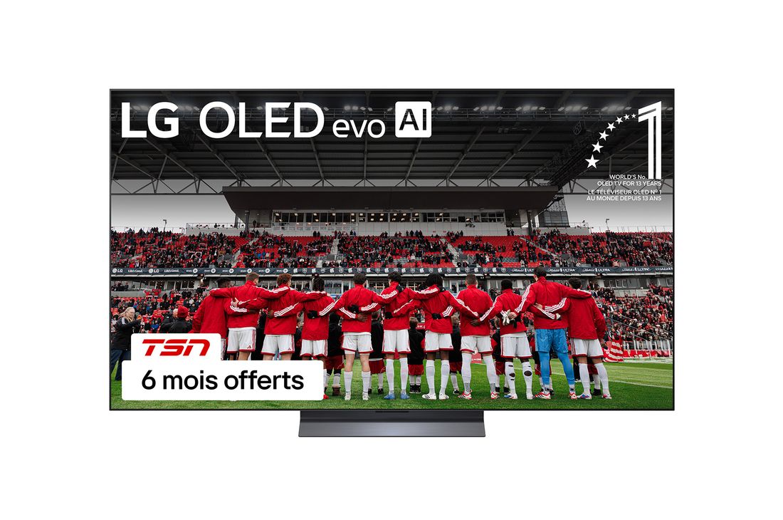 Vue avant du téléviseur Smart TV LG OLED evo AI C5 4K. L’emblème OLED 12 ans numéro 1 mondial et le logo LG OLED evo AI 2025 apparaissent sur l’écran.