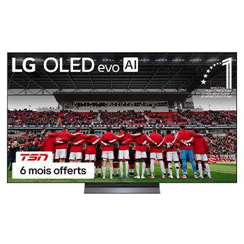 Vue avant du téléviseur Smart TV LG OLED evo AI C5 4K. L’emblème OLED 12 ans numéro 1 mondial et le logo LG OLED evo AI 2025 apparaissent sur l’écran.