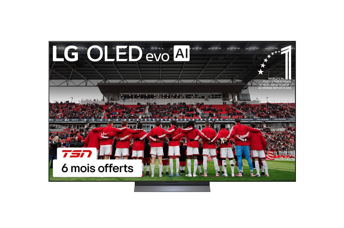 Vue avant du téléviseur Smart TV LG OLED evo AI C5 4K. L’emblème OLED 12 ans numéro 1 mondial et le logo LG OLED evo AI 2025 apparaissent sur l’écran.