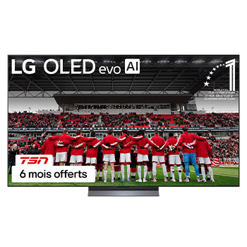 Vue avant du téléviseur Smart TV LG OLED evo AI C5 4K. L’emblème OLED 12 ans numéro 1 mondial et le logo LG OLED evo AI 2025 apparaissent sur l’écran.