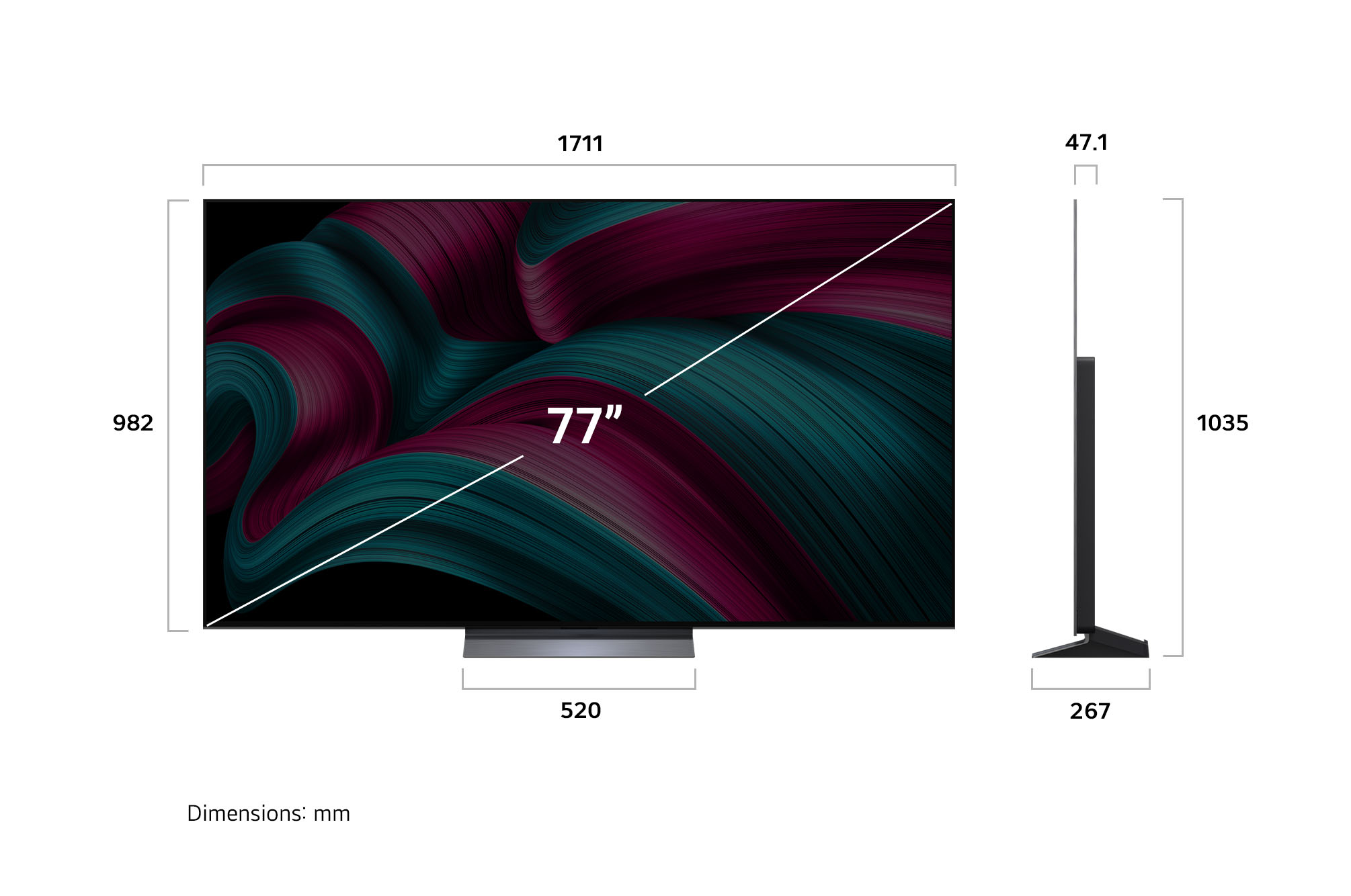 Vue avant et vue latérale du téléviseur smart 4K LG OLED evo C5 AI, illustrant ses dimensions en longueur, largeur, hauteur et profondeur.