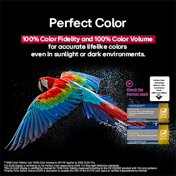 Perroquet coloré en ultra-haute définition sur fond noir. Des gouttes d’eau sont suspendues dans l’air tout autour. L’image traduit la perfection des couleurs, car chaque teinte du corps du perroquet est vibrante et éclatante. Différents logos de certification UL et Intertek sont visibles. Il s’agit de la fidélité des couleurs à 100 %, du volume des couleurs à 100 %. Le texte est également visible, vérifiez la marque de certification Perfect Color.