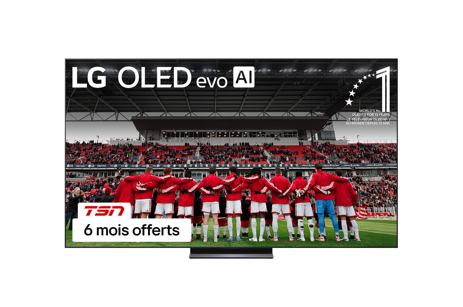 Vue avant du téléviseur Smart TV LG OLED evo IA C5 4K. L’emblème OLED 12 ans numéro 1 mondial et le logo LG OLED evo IA 2025 apparaissent sur l’écran.
