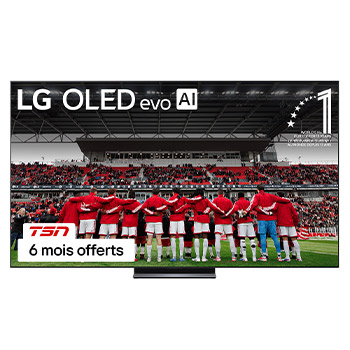 Vue avant du téléviseur Smart TV LG OLED evo IA C5 4K. L’emblème OLED 12 ans numéro 1 mondial et le logo LG OLED evo IA 2025 apparaissent sur l’écran.