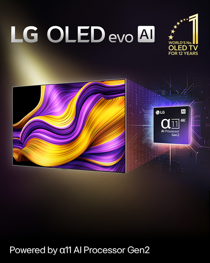 L’écran d’un téléviseur LG OLED evo AI affiche une image abstraite dont les détails, les couleurs et le contraste sont impressionnants. Une version agrandie de l’alpha 11 AI Processor Gen2 se trouve derrière le téléviseur. L’éclairage de l’appareil illumine les circuits de la micropuce qui l’entoure. Le titre indique LG OLED evo AI. Le texte est également visible, alimenté par le processeur LG alpha 11 AI Gen2. Un logo doré orné d’étoiles se trouve dans le coin et indique : « Numéro un mondial des téléviseurs OLED depuis 12 ans ». 