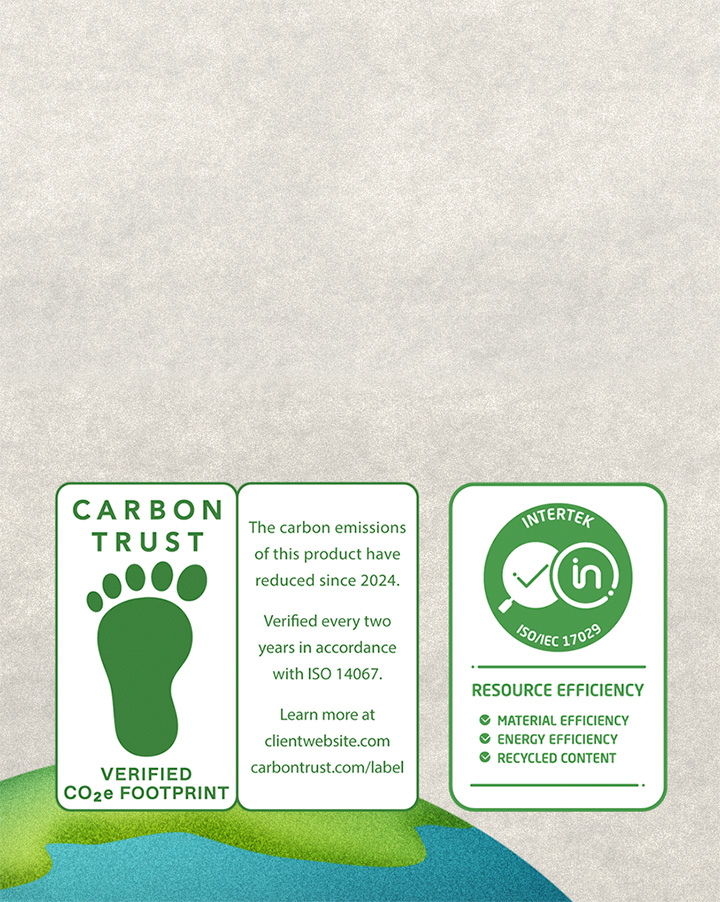 Marque de certification pour Carbon Trust, réduction et mesure du carbone, et marque de certification pour l’efficacité des ressources par Intertek.
