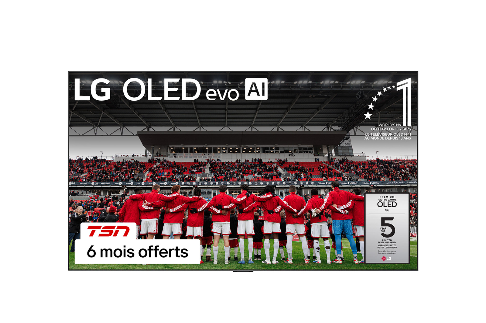 Vue avant du téléviseur Smart TV LG OLED evo AI G5 4K. L’emblème OLED 12 ans numéro 1 mondial et le logo LG OLED evo AI 2025 apparaissent sur l’écran.