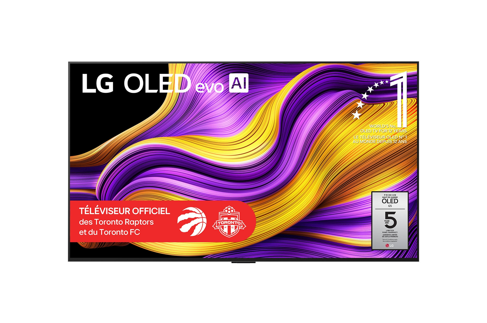 Vue avant du téléviseur Smart TV LG OLED evo AI G5 4K. L’emblème OLED 12 ans numéro 1 mondial et le logo LG OLED evo AI 2025 apparaissent sur l’écran.