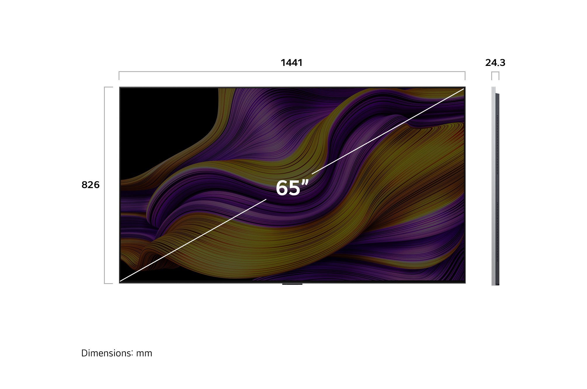 Vue avant et vue latérale du téléviseur smart 4K LG OLED evo G5 AI, illustrant ses dimensions en longueur, largeur, hauteur et profondeur.