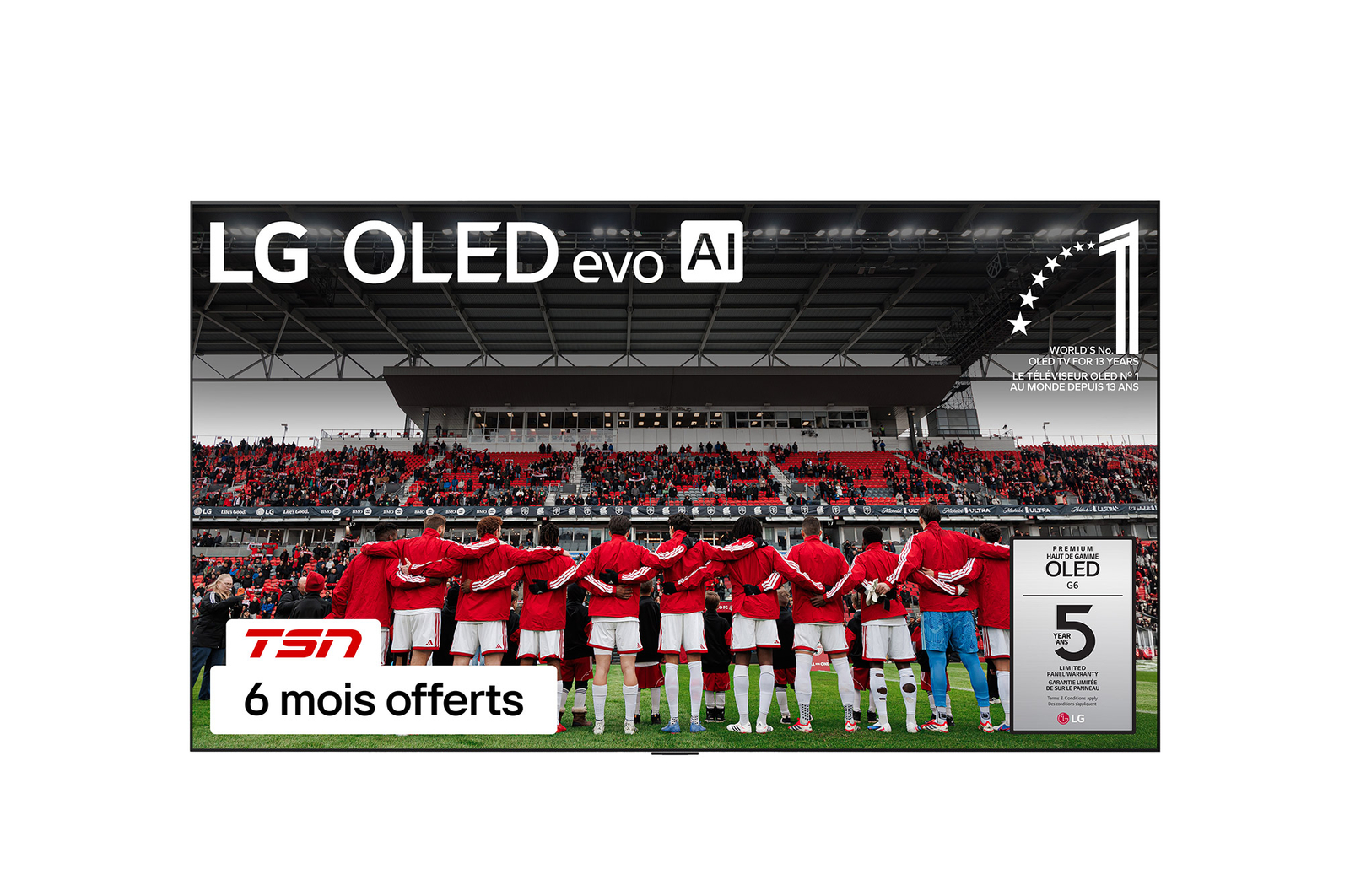 Vue avant du téléviseur Smart TV LG OLED evo AI G5 4K. L’emblème OLED 12 ans numéro 1 mondial et le logo LG OLED evo AI 2025 apparaissent sur l’écran.