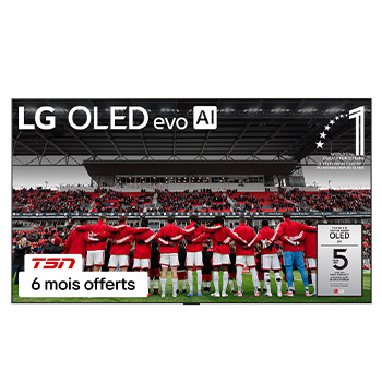 Vue avant du téléviseur Smart TV LG OLED evo AI G5 4K. L’emblème OLED 12 ans numéro 1 mondial et le logo LG OLED evo IA 2025 apparaissent sur l’écran.