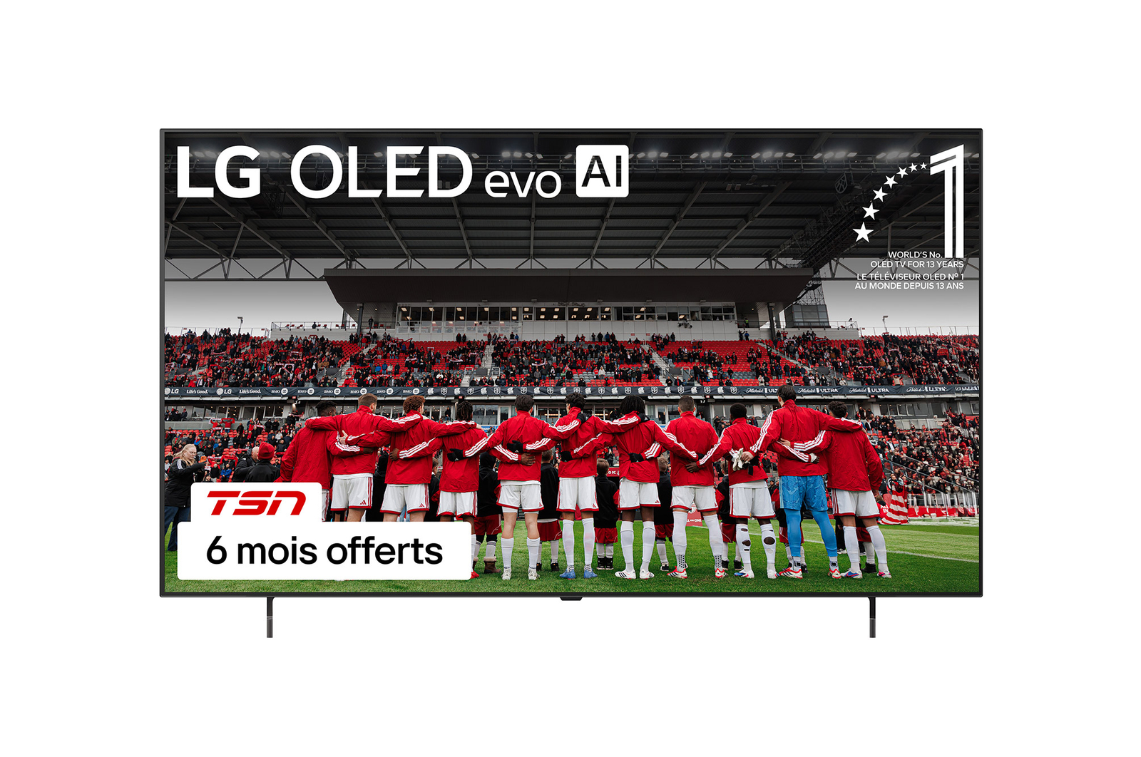 Vue avant du téléviseur Smart LG OLED AI B5 4K. L’emblème OLED 12 ans numéro 1 mondial et le logo LG OLED AI 2025 apparaissent sur l’écran.