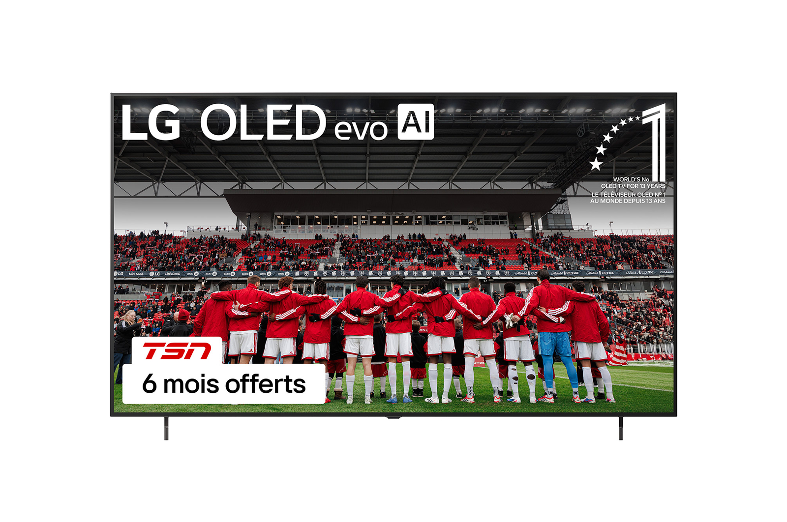 Vue avant du téléviseur Smart LG OLED AI B5 4K. L’emblème OLED 12 ans numéro 1 mondial et le logo LG OLED AI 2025 apparaissent sur l’écran.