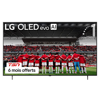 Vue avant du téléviseur Smart LG OLED AI B5 4K. L’emblème OLED 12 ans numéro 1 mondial et le logo LG OLED AI 2025 apparaissent sur l’écran.