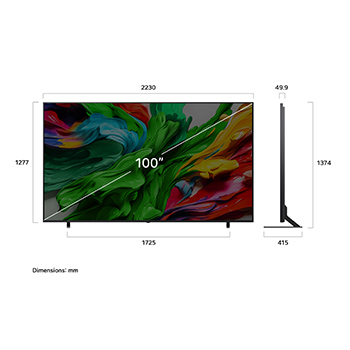 Vue avant et vue latérale du téléviseur smart 4K LG QNED evo AI QNED85 TV, illustrant ses dimensions en longueur, largeur, hauteur et profondeur.