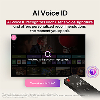 L’écran de LG TV avec une AI Magic Remote au premier plan. Le bouton AI est mis en évidence et une bulle de dialogue affiche le texte : Suggère un film que j’aime. Sur l’écran, l’icône utilisateur E apparaît, illustrant comment AI Voice ID a identifié l’utilisateur et fourni des recommandations personnalisées uniquement à partir de sa voix.