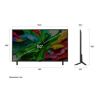 Vue avant et vue latérale du téléviseur smart 4K LG QNED evo AI QNED85 TV, illustrant ses dimensions en longueur, largeur, hauteur et profondeur.