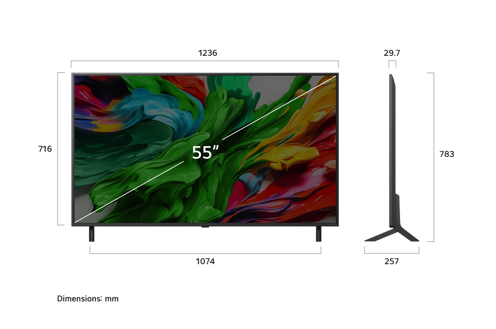 Vue avant et vue latérale du téléviseur smart 4K LG QNED evo AI QNED85 TV, illustrant ses dimensions en longueur, largeur, hauteur et profondeur.
