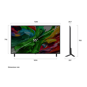 Vue avant et vue latérale du téléviseur smart 4K LG QNED evo AI QNED85 TV, illustrant ses dimensions en longueur, largeur, hauteur et profondeur.