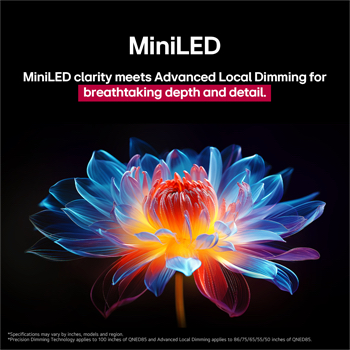 Une fleur holographique en 3D, affichant de nombreuses nuances et teintes, sur un fond noir. La définition et les détails de la fleur mettent en valeur la capacité du QNED MiniLED à produire des visuels avec des couleurs exceptionnelles, une luminosité intense et un contraste remarquable. Le titre explique comment MiniLED améliore la clarté et fournit un contraste exceptionnel.