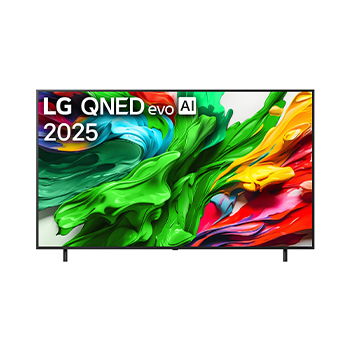 Vue avant du téléviseur LG QNED evo QNED85 TV, avec le logo LG QNED evo AI dans le coin supérieur. Le LG QNED evo QNED85 TV présente des textures colourées rappelant une peinture en mouvement.