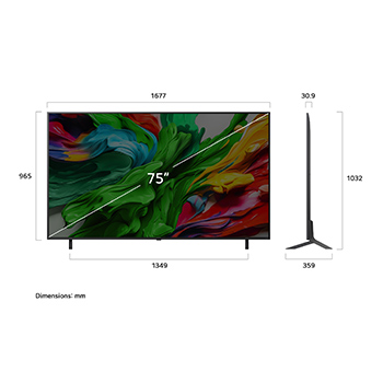 Vue avant et vue latérale du téléviseur smart 4K LG QNED evo AI QNED85 TV, illustrant ses dimensions en longueur, largeur, hauteur et profondeur.