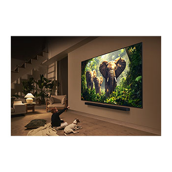 Une fille et un chien sont assis devant un LG QNED TV accroché au mur et représentant trois éléphants marchant vers l’extérieur, au-dessus d’une LG Soundbar. Le titre met en avant comment chaque action devient plus captivante sur un écran géant.