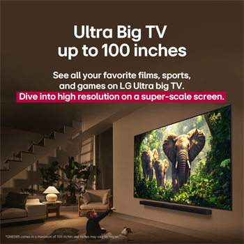 Une fille et un chien sont assis devant un LG QNED TV accroché au mur et représentant trois éléphants marchant vers l’extérieur, au-dessus d’une LG Soundbar. Le titre met en avant comment chaque action devient plus captivante sur un écran géant.