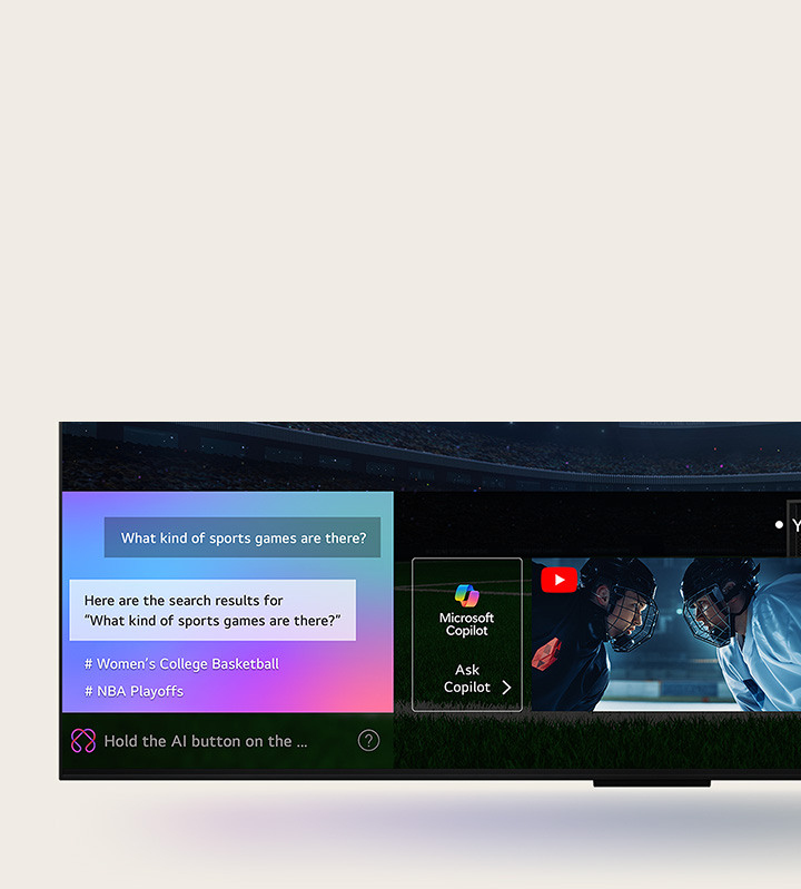 Gros plan sur un écran du LG QNED TV illustrant le fonctionnement d’AI Search. Une petite fenêtre de discussion s’ouvre, montrant que l’utilisateur a demandé quels étaient les jeux sportifs disponibles. AI Search a réagi par le biais d’une discussion en ligne et en affichant des vignettes des contenus disponibles. Une invite à interroger Microsoft Copilot s’affiche également. 