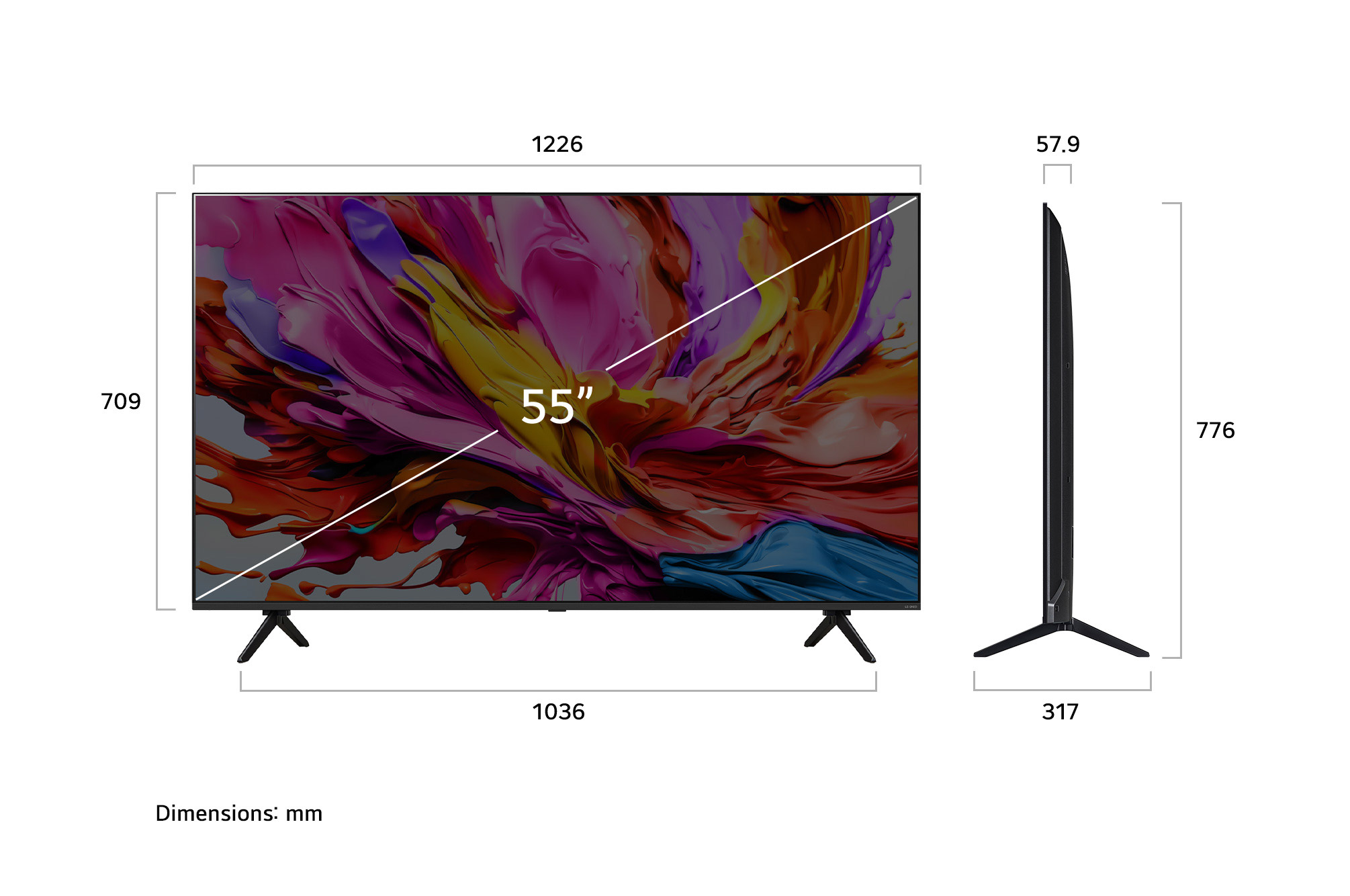 Vue avant et vue latérale du téléviseur Smart 4K LG QNED evo AI qned91, illustrant ses dimensions en longueur, largeur, hauteur et profondeur.