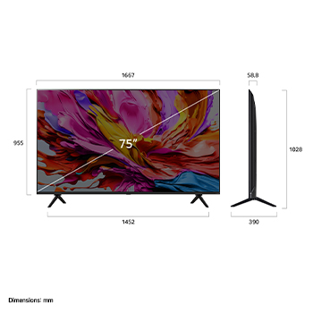 Vue avant et vue latérale du téléviseur Smart 4K LG QNED evo AI qned91, illustrant ses dimensions en longueur, largeur, hauteur et profondeur.