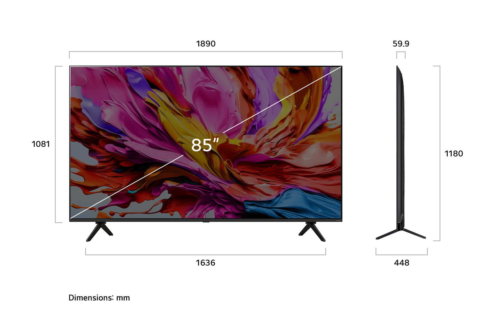 Vue avant et vue latérale du téléviseur Smart 4K LG QNED evo AI qned91, illustrant ses dimensions en longueur, largeur, hauteur et profondeur.