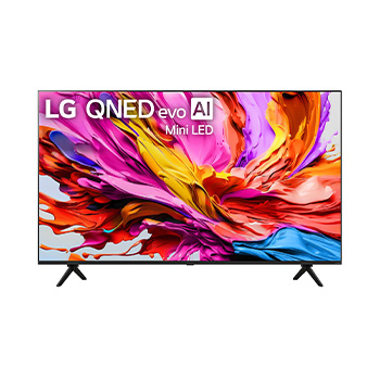 Vue avant du téléviseur LG QNED evo qned91, avec le logo LG QNED evo AI dans le coin supérieur. Le téléviseur LG QNED evo présente des textures colorées rappelant une peinture en mouvement.