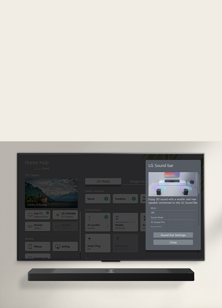 La barre de son de LG se trouve en dessous d’un LG QNED TV. Sur l’écran du téléviseur se trouve l’interface utilisateur de la barre de son et des commandes de volume du téléviseur.	